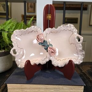 Vintage Pink Divided Candy Dish Applied Roses Gold Trim Relish Tray CS Japan 9"